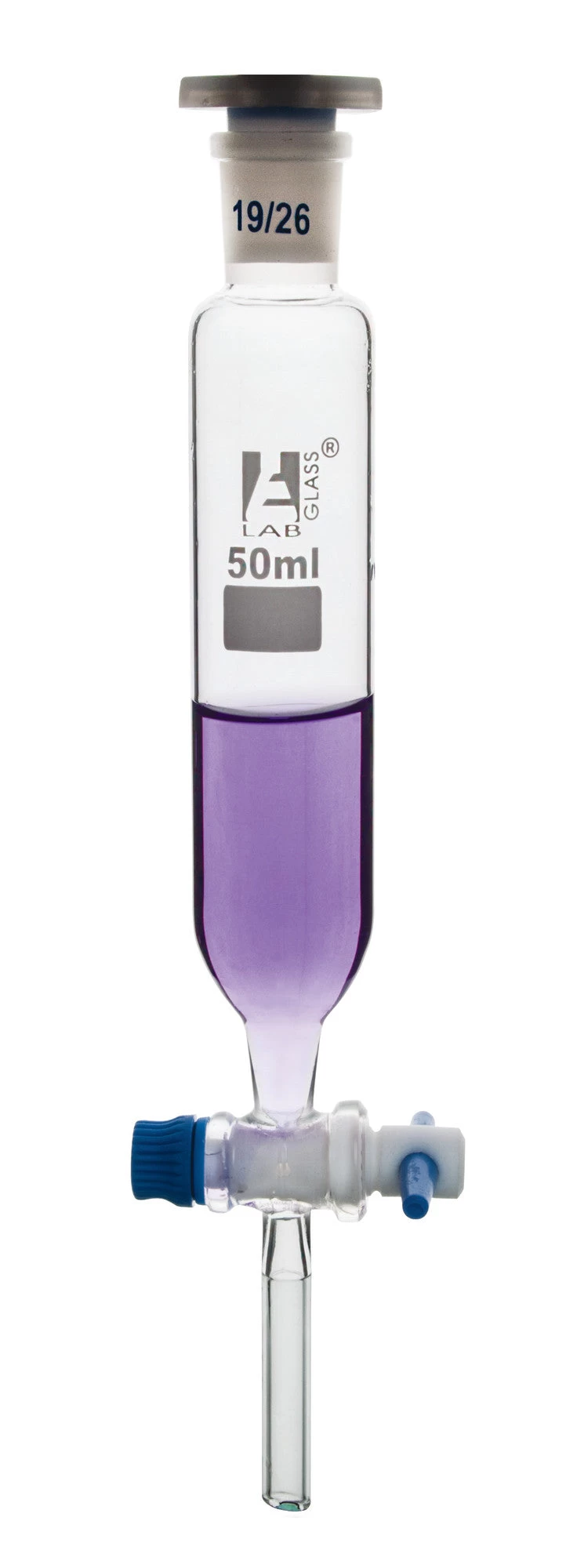 Dropping Funnel, 50mL - Cylindrical - With 19/26 Plastic Stopper & PTFE Stopcock - Borosilicate Glass 1 Dropping Funnel, 50mL - Cylindrical - With 19/26 Plastic Stopper & PTFE Stopcock - Borosilicate Glass