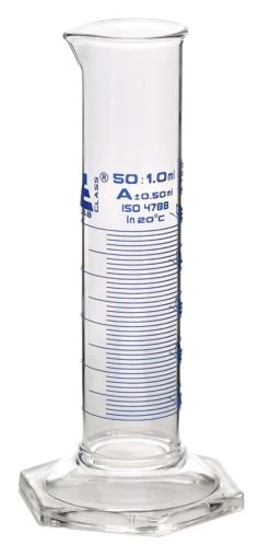 Graduated Cylinder, 50mL - Class A - Squat Form - Hexagonal Base - Blue Graduations - Borosilicate Glass