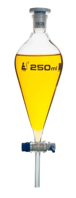 Dropping Funnel, 200mL - Squibb - With 19/26 Plastic Stopper & PTFE Key Stopcock - Borosilicate Glass