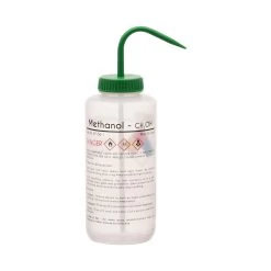 Wash Bottle For Methanol, 1000ml - Labeled With Color Coded Chemical & Safety Information (4 Colors) - Wide Mouth, Self Venting, Polypropylene - Performance Plastics By
