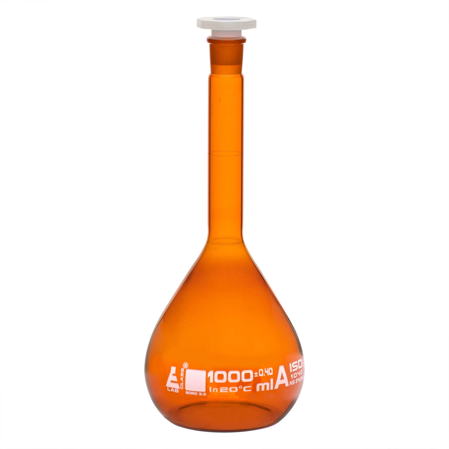 Volumetric Flask, Amber, 1000mL - Class A, Tolerance ±0.400mL - 24/29 Polypropylene Stopper - Borosilicate Glass - White Specifications & Graduation Mark 1 Volumetric Flask, Amber, 1000mL - Class A, Tolerance ±0.400mL - 24/29 Polypropylene Stopper - Borosilicate Glass - White Specifications & Graduation Mark
