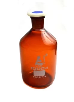 Reagent Bottle, 1000mL - Amber - With Acid-Proof Polypropylene Stopper - Borosilicate Glass