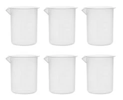 6PK Plastic Beakers, 250ml - Polypropylene - Raised Graduations