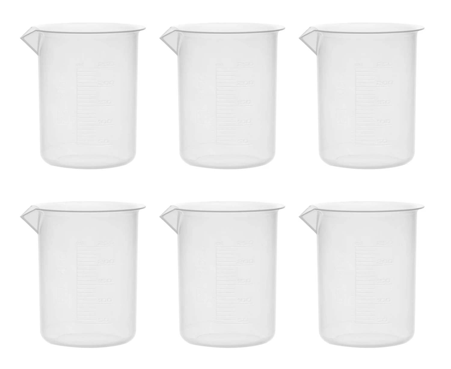 6PK Plastic Beakers, 250ml - Polypropylene - Raised Graduations 1 6PK Plastic Beakers, 250ml - Polypropylene - Raised Graduations