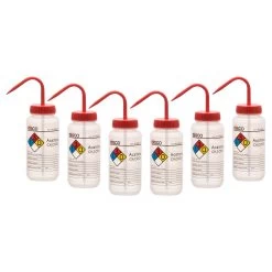 6PK Wash Bottle For Acetone, 500ml - Labeled With Color Coded Chemical & Safety Information (4 Colors) - Wide Mouth, Self Venting, Low Density Polyethylene -