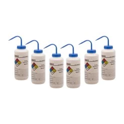 6PK Wash Bottle For Sodium Hypochlorite (Bleach), 1000ml - Labeled With Color Coded Chemical & Safety Information (4 Colors) - Wide Mouth, Self Venting, LDPE - Performance Plastics By