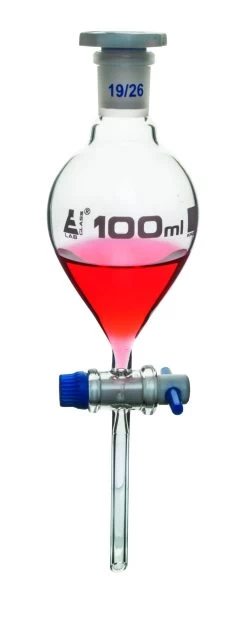 Dropping Funnel, 100mL - Pear-Shaped - With 19/26 Plastic Stopper & PTFE Key Stopcock - Borosilicate Glass