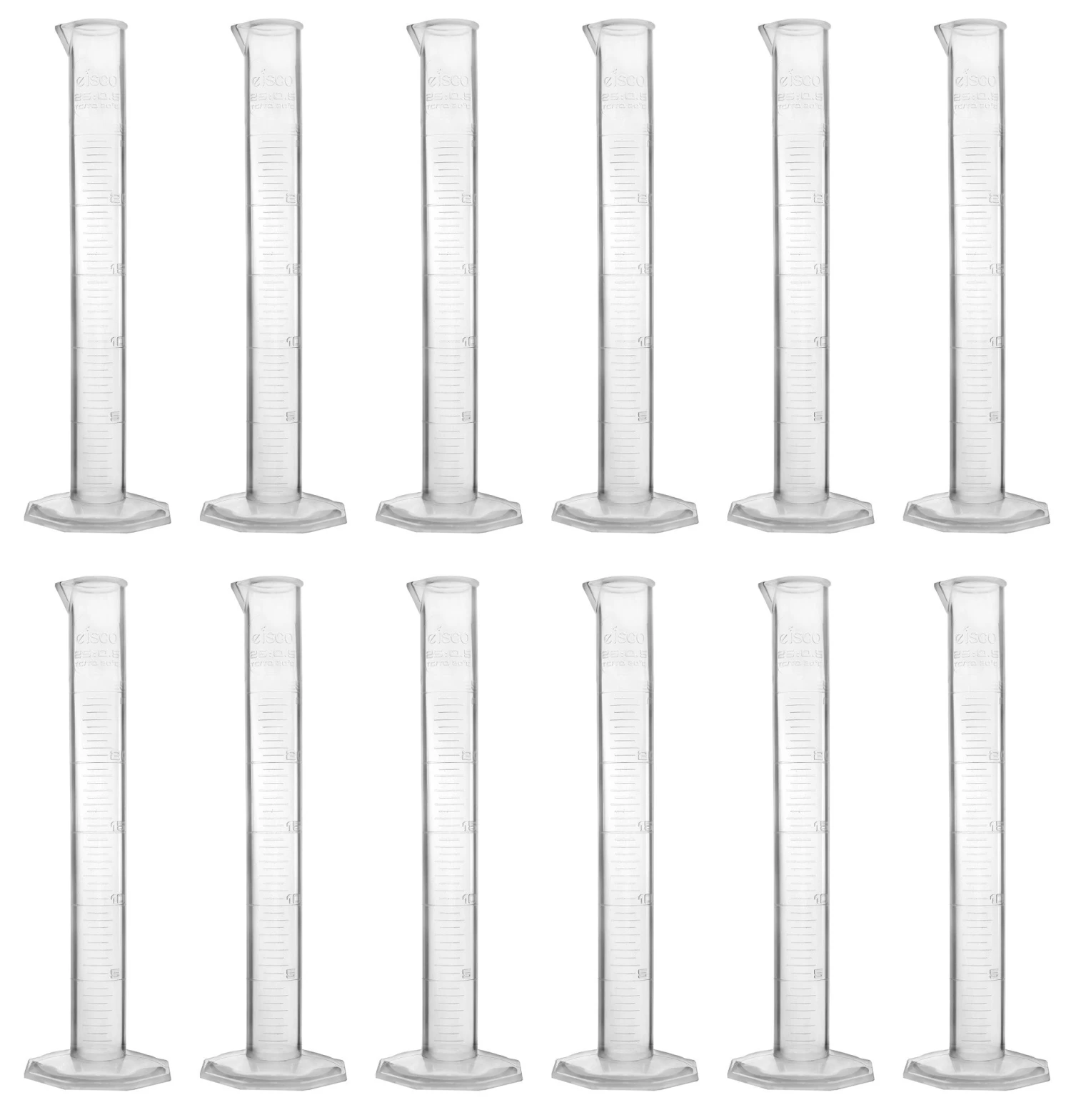 12PK Graduated Cylinders, 25mL - Class B - Octagonal Base - Raised Graduations - Polypropylene Plastic 1 12PK Graduated Cylinders, 25mL - Class B - Octagonal Base - Raised Graduations - Polypropylene Plastic
