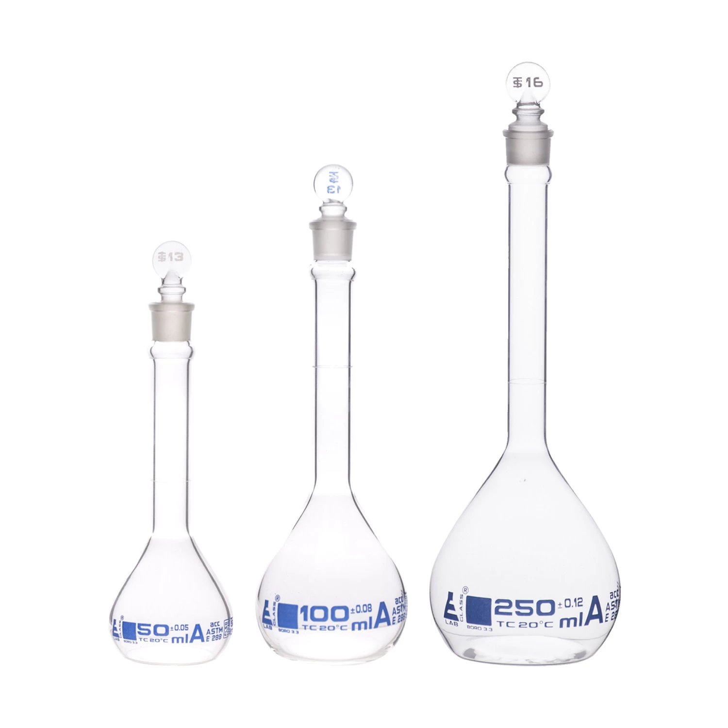 Premium Volumetric Flask Set - 50ml, 100ml & 250ml - Class A, ASTM E288 - Superior Durability & Chemical Resistance - Glass Penny Stoppers - Borosilicate 3.3 Glass - 2 Premium Volumetric Flask Set - 50ml, 100ml & 250ml - Class A, ASTM E288 - Superior Durability & Chemical Resistance - Glass Penny Stoppers - Borosilicate 3.3 Glass - - Image 2