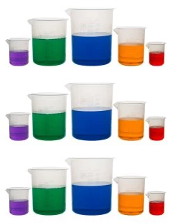 15 Piece Beaker Set - Polypropylene - Raised Graduations - 3x 50mL, 100mL, 250mL, 500mL, And 1000mL