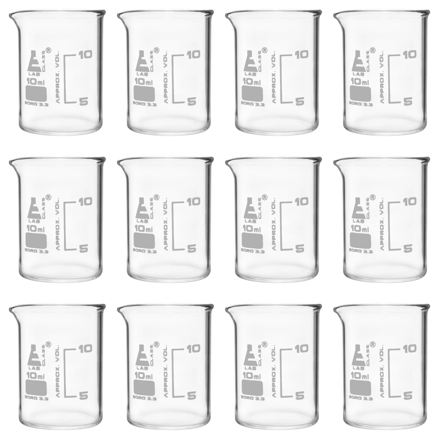 12PK Beakers, 10ml - ASTM - Low Form - Graduated - Borosilicate Glass 1 12PK Beakers, 10ml - ASTM - Low Form - Graduated - Borosilicate Glass