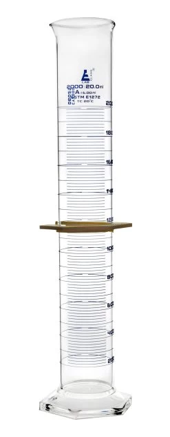 Graduated Cylinder, 2000mL - ASTM Class A - Protective Collar, Hexagonal Base - Blue Graduations - Borosilicate Glass