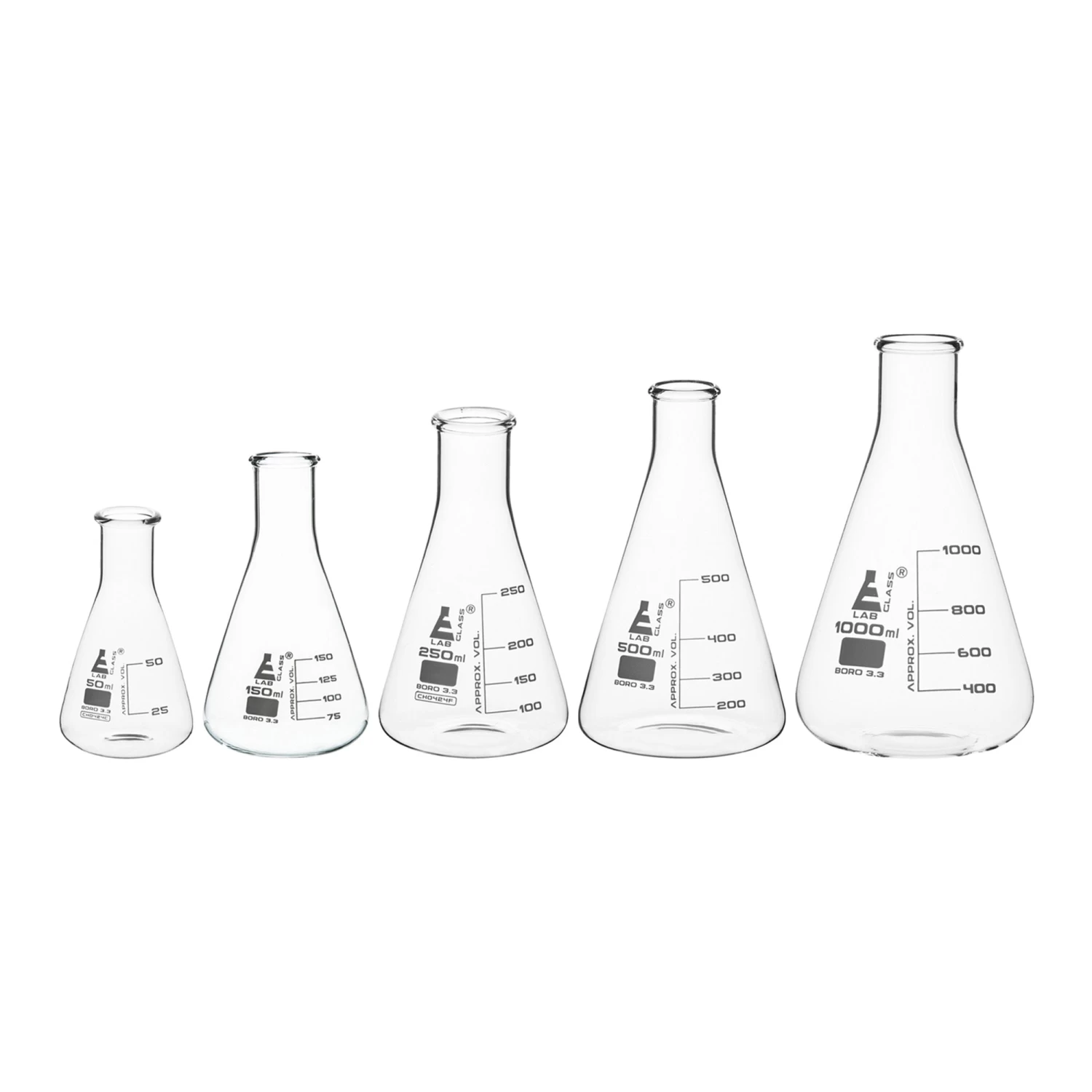 Premium Erlenmeyer Flask Set - 50ml, 150ml, 250ml, 500ml & 1000ml - Narrow Neck, White Graduations - Superior Durability & Chemical Resistance - Borosilicate 3.3 Glass - 4 Premium Erlenmeyer Flask Set - 50ml, 150ml, 250ml, 500ml & 1000ml - Narrow Neck, White Graduations - Superior Durability & Chemical Resistance - Borosilicate 3.3 Glass - - Image 4
