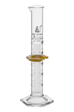 Graduated Cylinder, 25mL - ASTM Class A - Protective Collar, Hexagonal Base - White Graduations - Borosilicate Glass