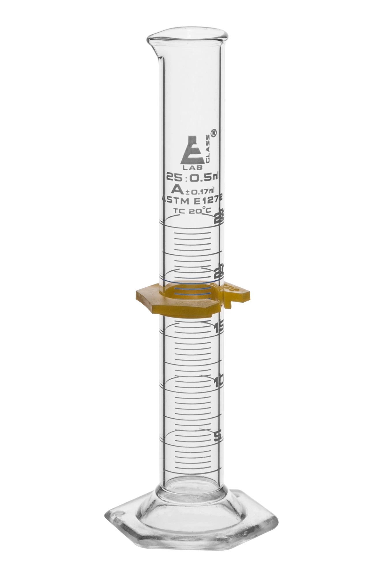 Graduated Cylinder, 25mL - ASTM Class A - Protective Collar, Hexagonal Base - White Graduations - Borosilicate Glass 1 Graduated Cylinder, 25mL - ASTM Class A - Protective Collar, Hexagonal Base - White Graduations - Borosilicate Glass