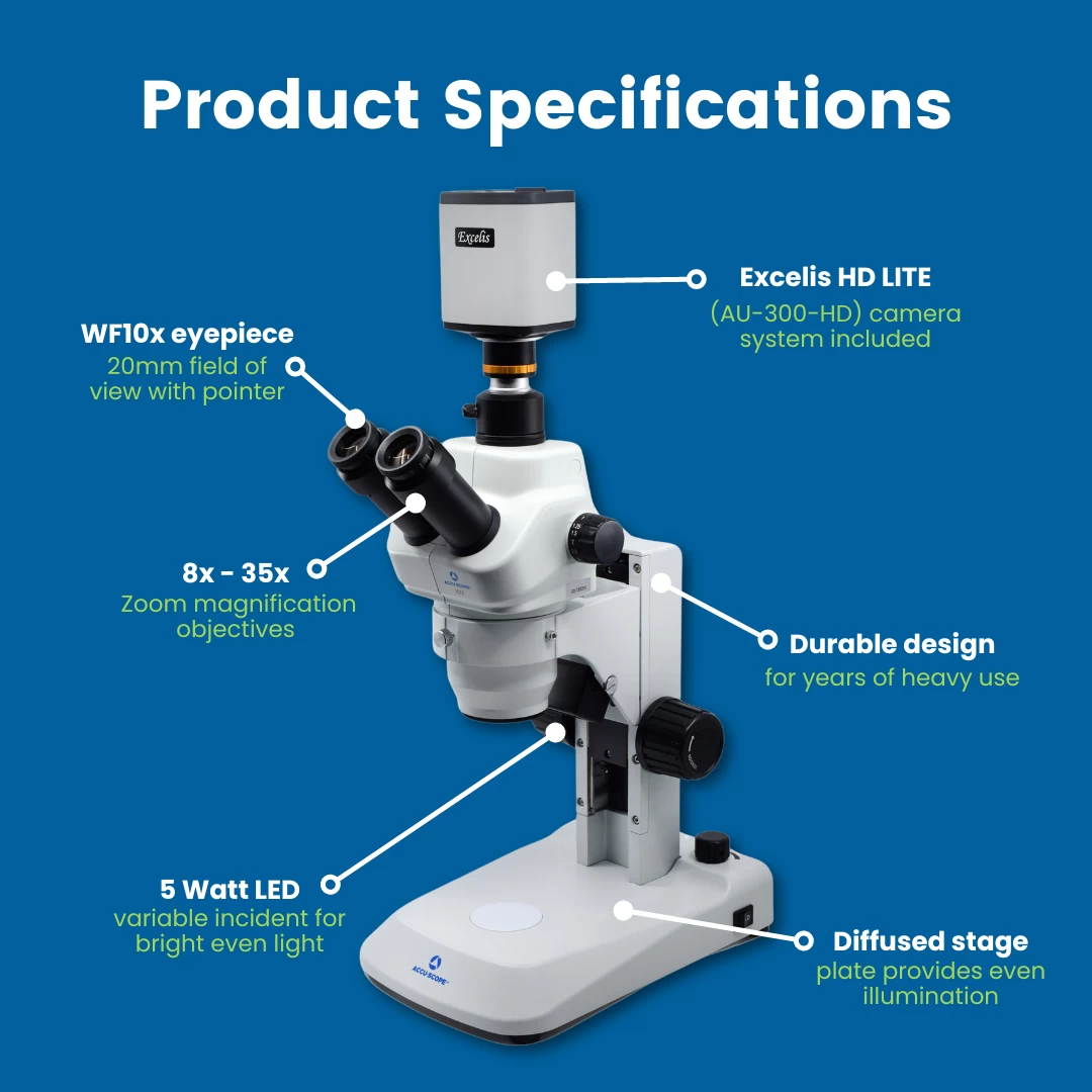 Digital Stereo Microscope With Camera, 3079-HD - 8-35X Zoom Magnification - 1080p HD Resolution - 5 MP Image & 15 FPS Video Capture - HDMI/USB 2.0 Outputs 2 Digital Stereo Microscope With Camera, 3079-HD - 8-35X Zoom Magnification - 1080p HD Resolution - 5 MP Image & 15 FPS Video Capture - HDMI/USB 2.0 Outputs - Image 2