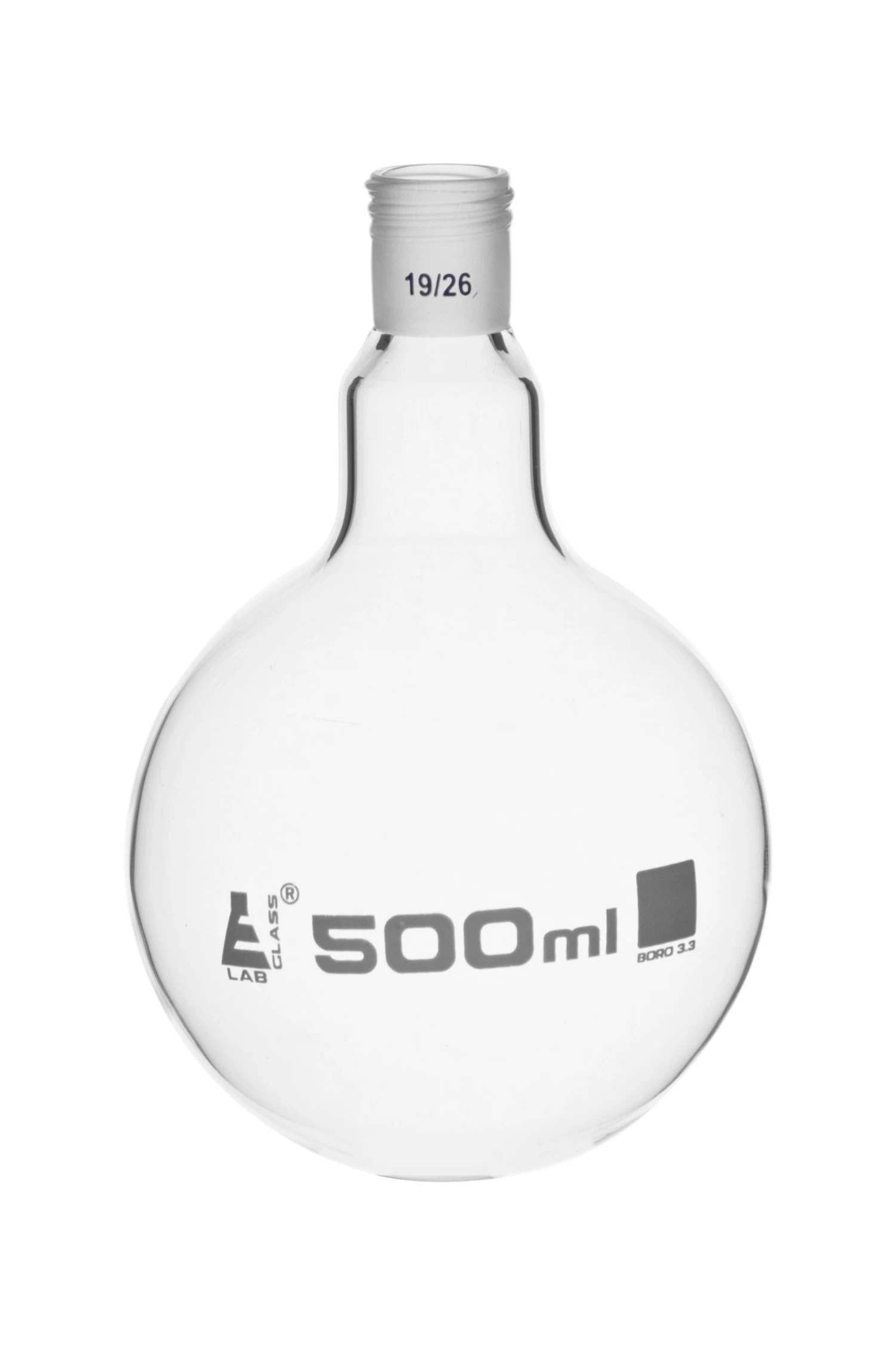 Boiling Flask With 19/26 Joint, 500ml Capacity, Round Bottom, Interchangeable Screw Thread Joint, Borosilicate Glass - 1 Boiling Flask With 19/26 Joint, 500ml Capacity, Round Bottom, Interchangeable Screw Thread Joint, Borosilicate Glass -