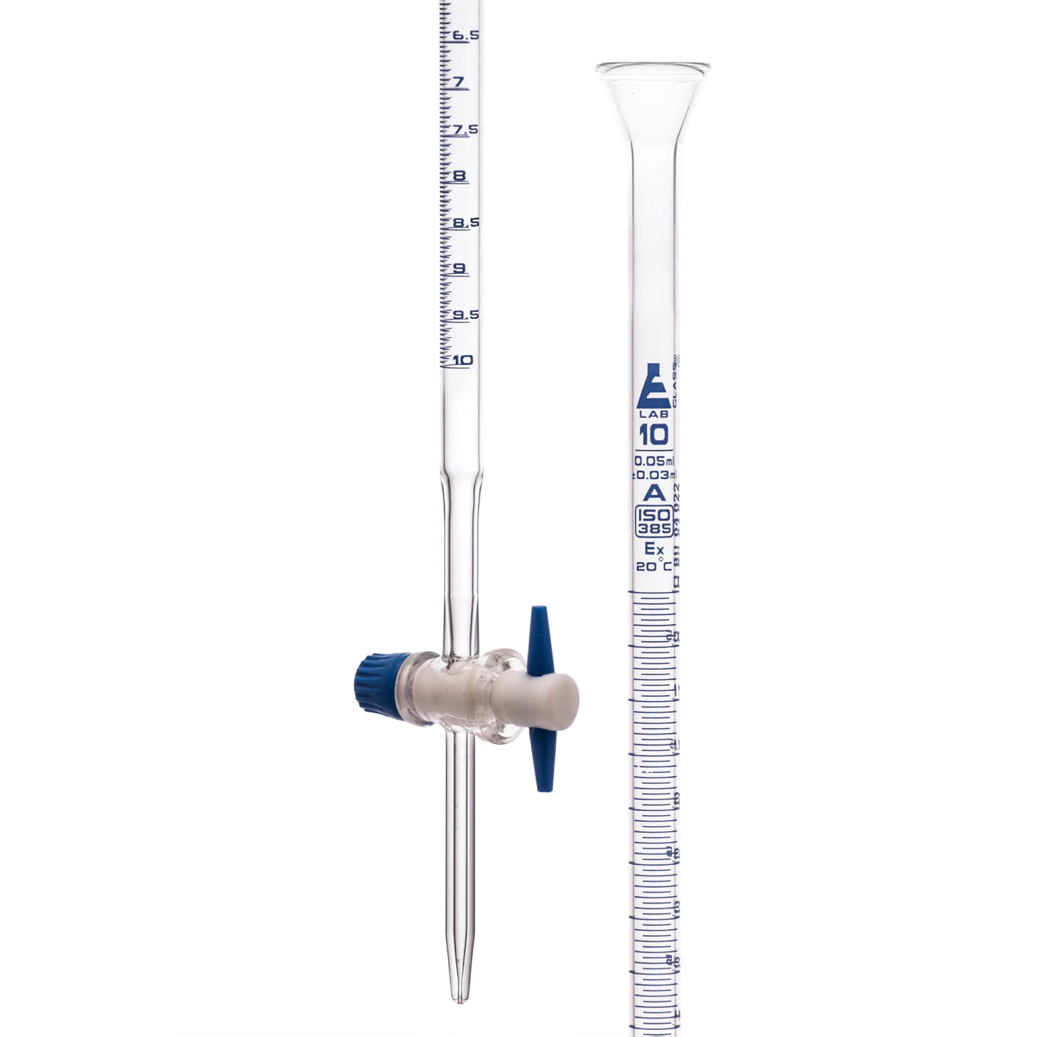Burette, 10mL - Class A - With PTFE Stopcock - Blue Graduations - Borosilicate Glass 1 Burette, 10mL - Class A - With PTFE Stopcock - Blue Graduations - Borosilicate Glass