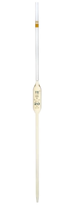 Volumetric Pipette, 20mL - Class A - Yellow Coded - Blue Graduation - Borosilicate Glass