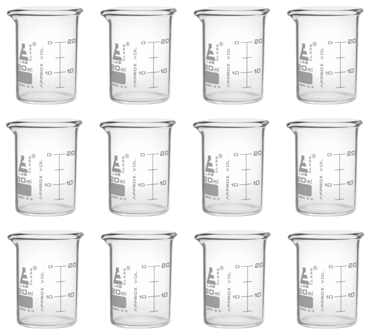 12PK Beakers, 20ml - ASTM - Low Form - Graduated - Borosilicate Glass