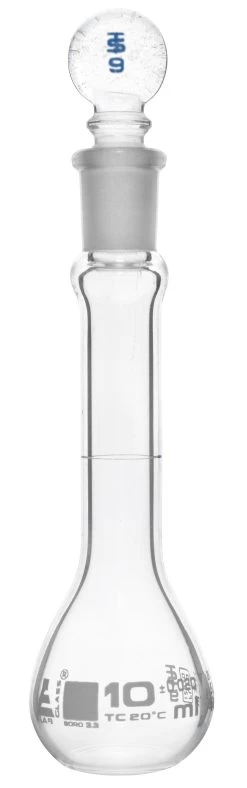 Volumetric Flask, 10ml - Fitted With Solid Glass Stopper - Class A, Tolerance ±0.020 Ml - White Graduation Mark - Borosilicate Glass -