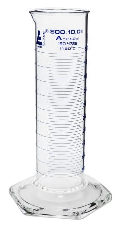 Graduated Cylinder, 500mL - Class A - Squat Form - Hexagonal Base - Blue Graduations - Borosilicate Glass