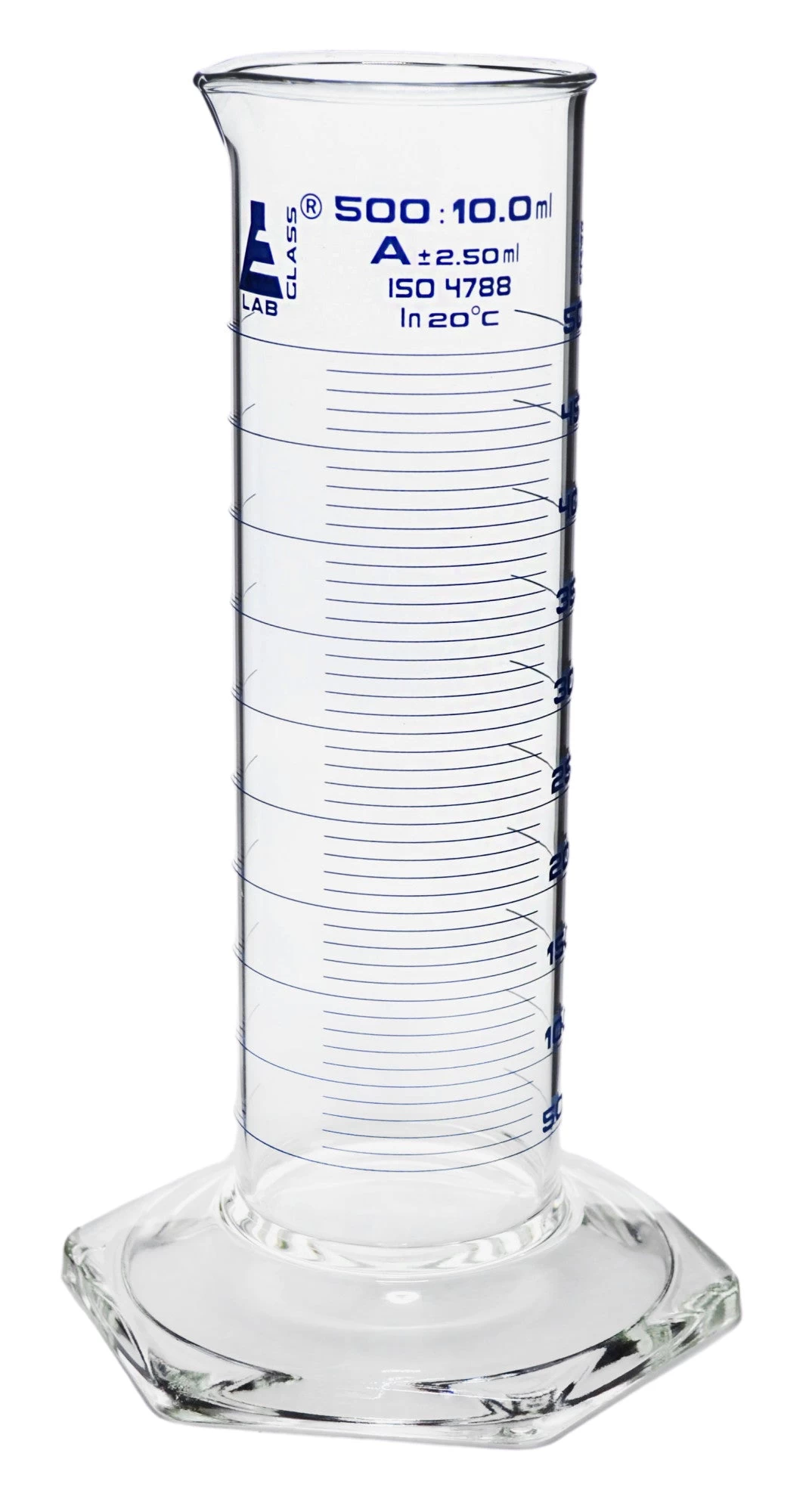 Graduated Cylinder, 500mL - Class A - Squat Form - Hexagonal Base - Blue Graduations - Borosilicate Glass 1 Graduated Cylinder, 500mL - Class A - Squat Form - Hexagonal Base - Blue Graduations - Borosilicate Glass