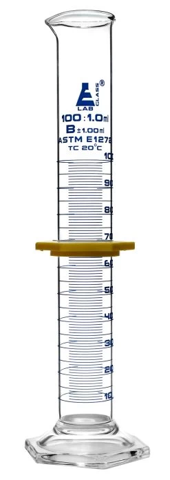 Graduated Cylinder, 100mL - ASTM Class B - Protective Collar, Hexagonal Base - Blue Graduations - Borosilicate Glass