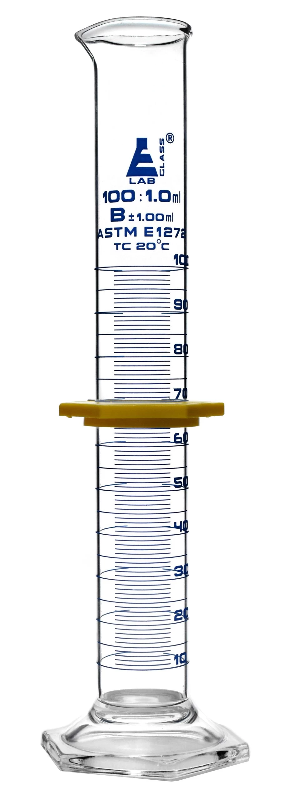 Graduated Cylinder, 100mL - ASTM Class B - Protective Collar, Hexagonal Base - Blue Graduations - Borosilicate Glass 1 Graduated Cylinder, 100mL - ASTM Class B - Protective Collar, Hexagonal Base - Blue Graduations - Borosilicate Glass