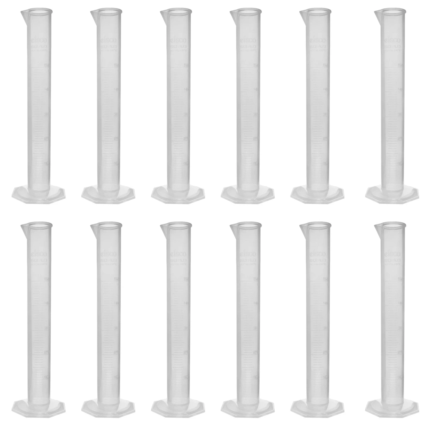 12PK Graduated Cylinders, 50mL - Class B - Octagonal Base - Raised Graduations - Polypropylene Plastic 1 12PK Graduated Cylinders, 50mL - Class B - Octagonal Base - Raised Graduations - Polypropylene Plastic