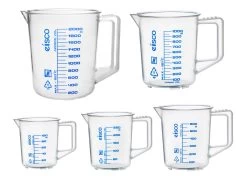 5 Piece Jug Set, Polypropylene - 100ml, 250ml, 600ml, 1000ml & 2000ml - Screen Printed Graduations - With Spout & Handle