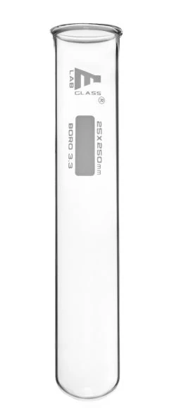 24PK Test Tubes, 85mL, 25x250mm - Rimmed - Marking Spot - Light Wall, 1.2mm Thick - Borosilicate 3.3 Glass