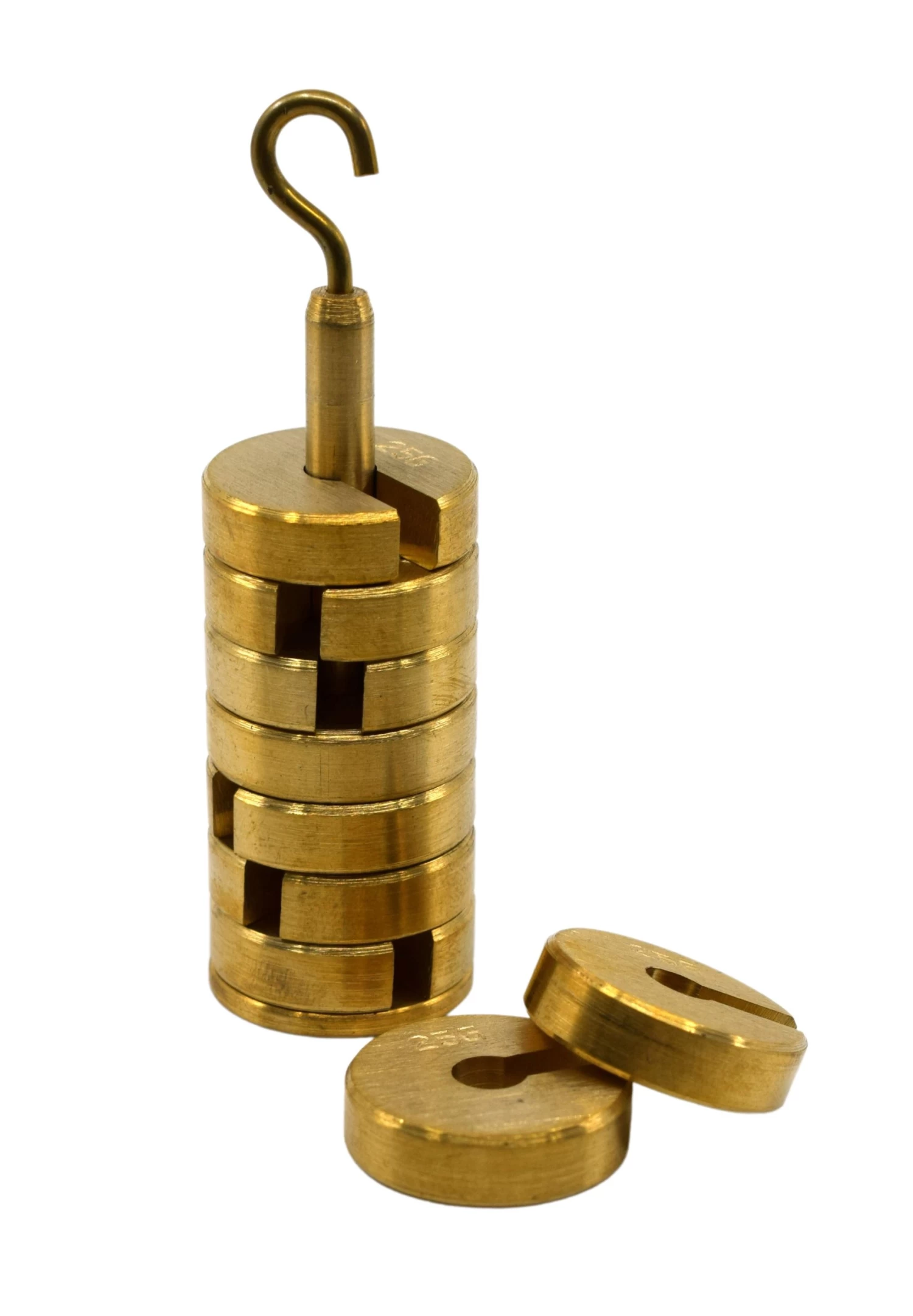 Slotted Mass Set With Hanger - 9 Weights & 1 Hanger, 25g Each - 250g Total - Brass 1 Slotted Mass Set With Hanger - 9 Weights & 1 Hanger, 25g Each - 250g Total - Brass