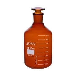 Reagent Bottle, Amber, 1000mL - Graduated - Narrow Mouth With Solid Glass Stopper - Borosilicate Glass