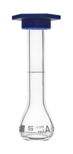 Volumetric Flask, 5ml - Class A, ASTM - Tolerance ±0.020ml - Blue Snap Cap - Single, White Graduation - Borosilicate Glass -