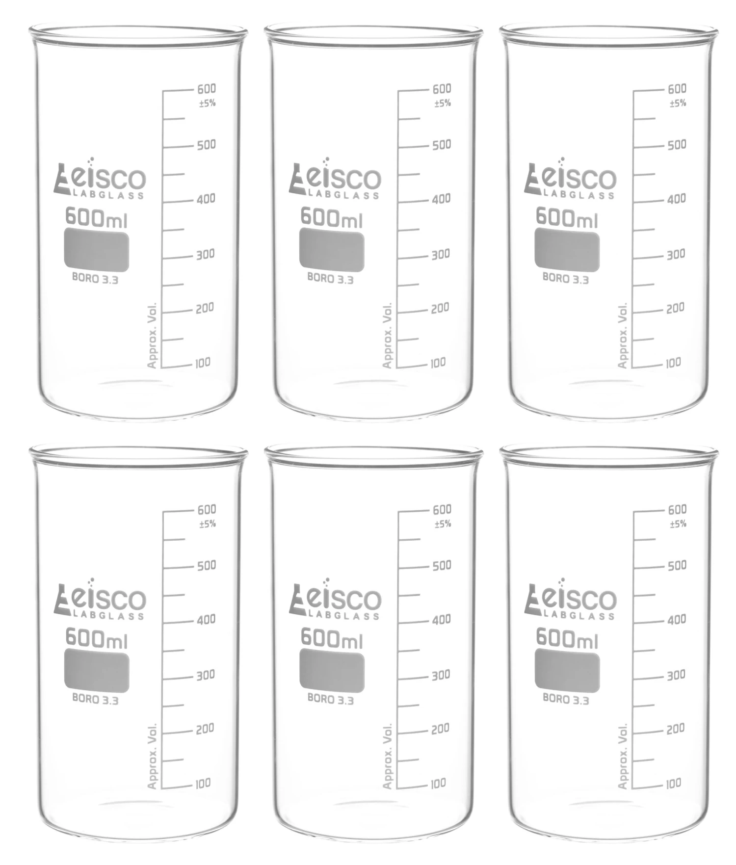6PK Beakers, 600mL - Berzelius Tall Form, No Spout - Graduated - Borosilicate Glass