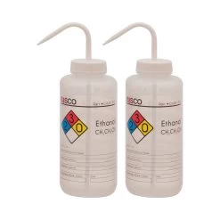 2PK Wash Bottle For Ethanol, 1000ml - Labeled With Color Coded Chemical & Safety Information (4 Colors) - Wide Mouth, Self Venting, Low Density Polyethylene - Performance Plastics By