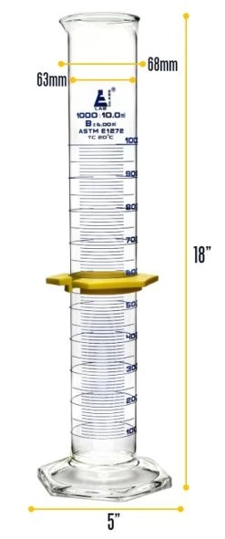 Graduated Cylinder, 1000mL - ASTM Class B - Protective Collar, Hexagonal Base - Blue Graduations - Borosilicate Glass -Laboratory Instrument Store kc6ehgv3gfykleqasbsq