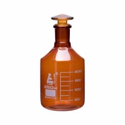 Reagent Bottle, Amber, 250mL - Graduated - Narrow Mouth With Solid Glass Stopper - Borosilicate Glass