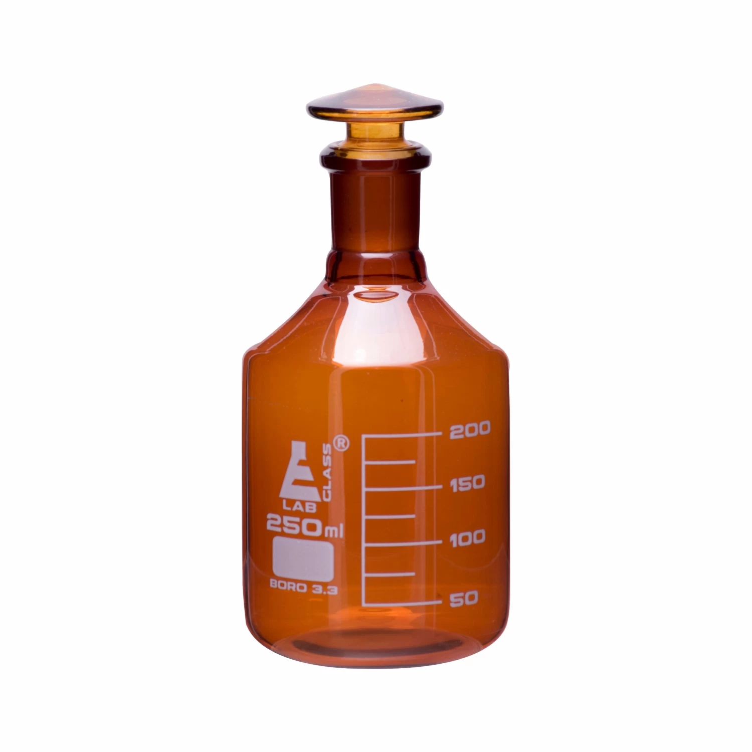 Reagent Bottle, Amber, 250mL - Graduated - Narrow Mouth With Solid Glass Stopper - Borosilicate Glass 1 Reagent Bottle, Amber, 250mL - Graduated - Narrow Mouth With Solid Glass Stopper - Borosilicate Glass