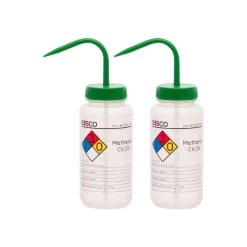 2PK Wash Bottle For Methanol, 500ml - Labeled With Color Coded Chemical & Safety Information (4 Colors) - Wide Mouth, Self Venting, Polypropylene - Performance Plastics By