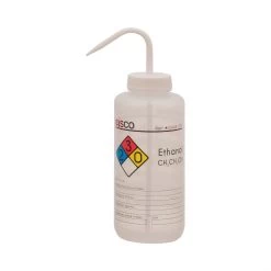 Wash Bottle For Ethanol, 1000ml - Labeled With Color Coded Chemical & Safety Information (4 Colors) - Wide Mouth, Self Venting, Low Density Polyethylene - Performance Plastics By