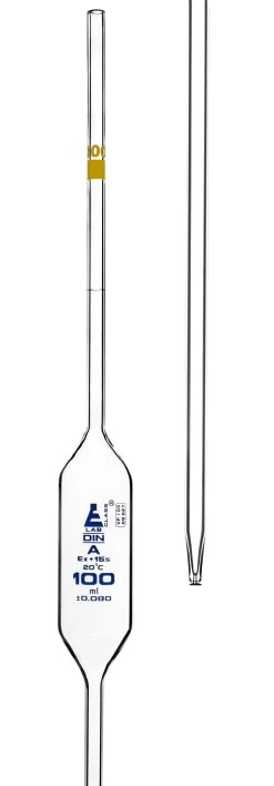 Volumetric Pipette, 100mL - Class A - Yellow Coded - Blue Graduation - Borosilicate Glass