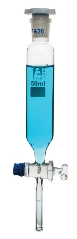 Dropping Funnel, 50mL - Cylindrical, Graduated - With 19/26 Plastic Stopper & Glass Key Stopcock - Borosilicate Glass