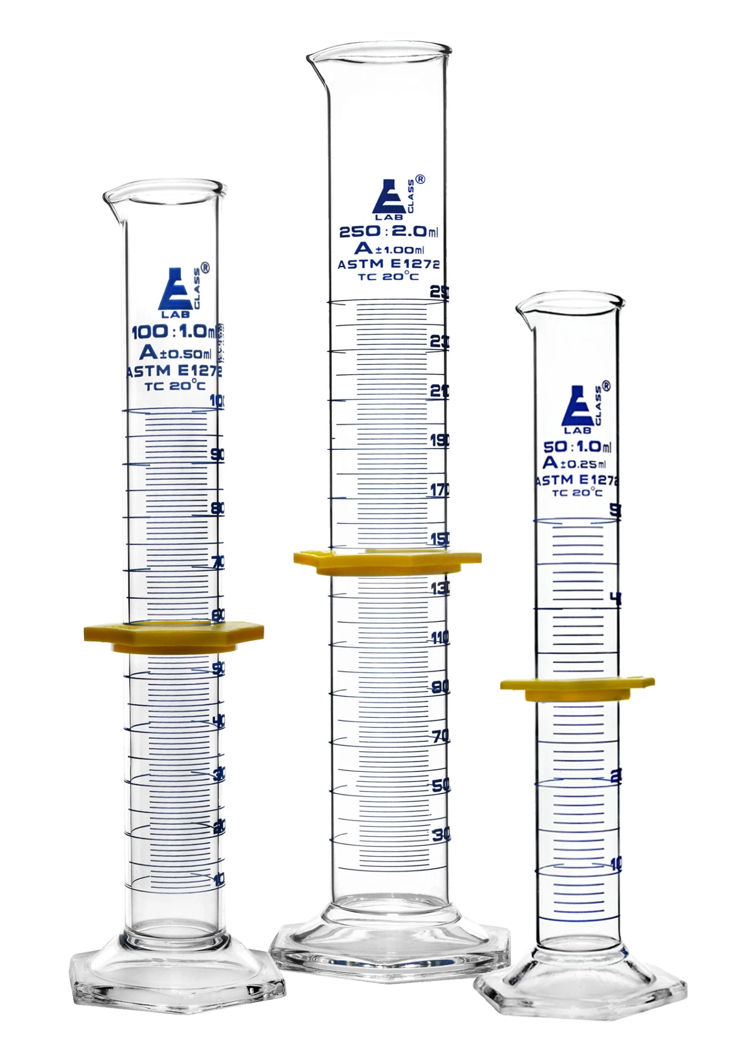 Premium Graduated Cylinder Set - 50mL, 100mL & 250mL - ASTM Class A - Protective Collars - Hexagonal Base - Blue Graduations - Borosilicate Glass 2 Premium Graduated Cylinder Set - 50mL, 100mL & 250mL - ASTM Class A - Protective Collars - Hexagonal Base - Blue Graduations - Borosilicate Glass - Image 2