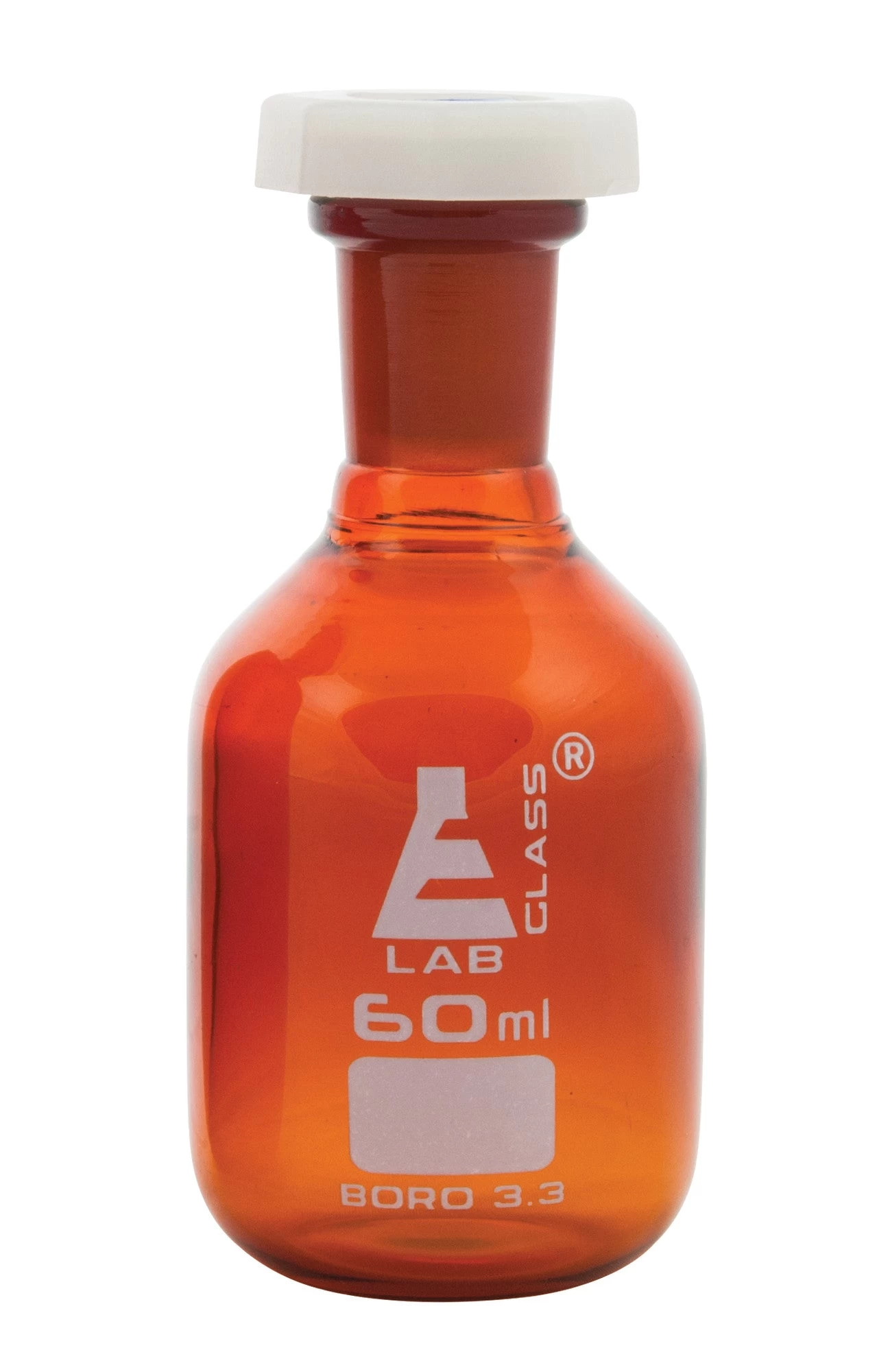 Reagent Bottle, 60mL - Amber - With Acid-Proof Polypropylene Stopper - Borosilicate Glass 2 Reagent Bottle, 60mL - Amber - With Acid-Proof Polypropylene Stopper - Borosilicate Glass - Image 2