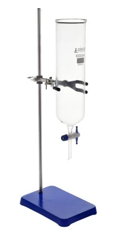 1000mL Dropping Funnel With Laboratory Support Stand - Includes Glass Dropping Funnel, 6 Lb Metal Retort Base & Rod, Clamp With Bosshead
