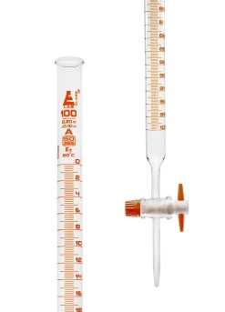 Burette, 100mL - Class A - 0.2mL Amber Graduations - PTFE Stopcock - Borosilicate Glass