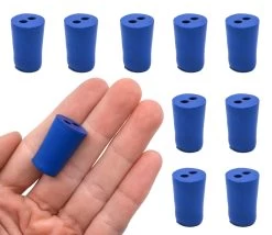 10PK Neoprene Stoppers, 2 Holes - Blue - Size: 13mm Bottom, 16mm Top, 24mm Length