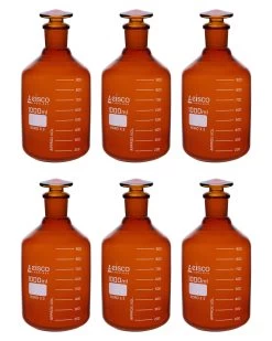 6PK Reagent Bottles, Amber, 1000mL - Graduated - Narrow Mouth With Solid Glass Stopper - Borosilicate Glass